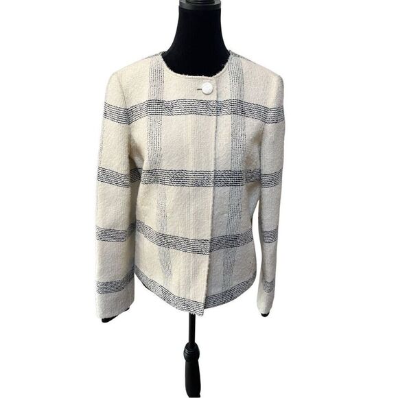 Tory Burch Wool Blend Ivory Black Plaid Blazer Zip Button Closure Women’s 10 M - Picture 2 of 14